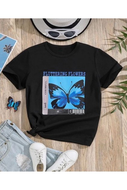 Black Flowers Butterfly Printed Kids Tshirt