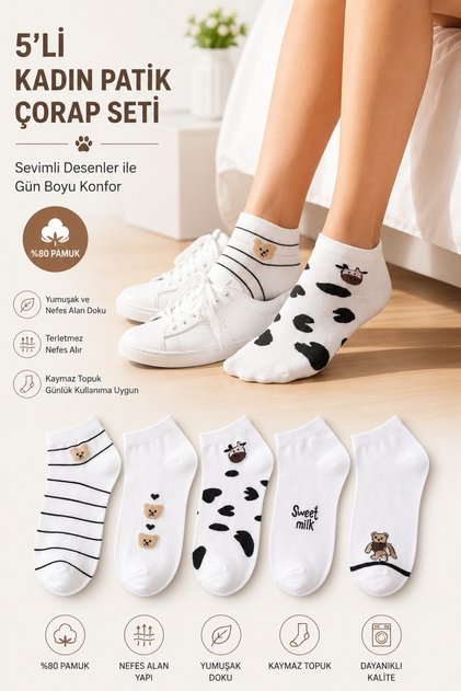 5 Pack Women's Animal Patterned Cotton Bootie Socks - Ankle Length Summer Short Socks