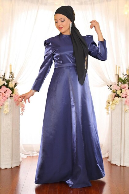 Shoulder Gathered Plus Size Evening Dress Indigo 19128