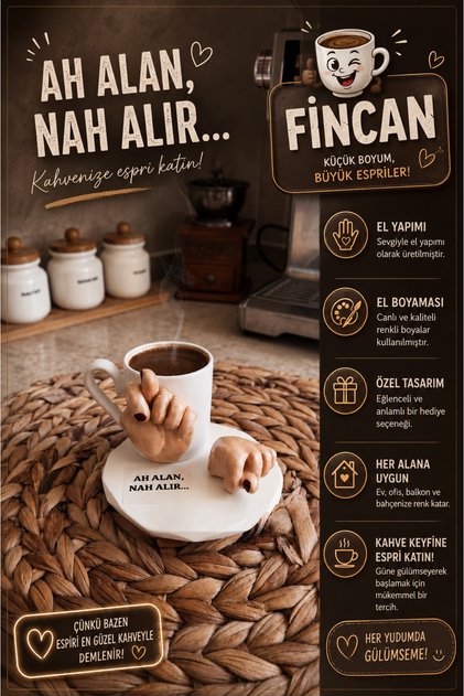 Mizah Dolu Hediye - Özel Tasarım El Yapımı "Ah Alan" Mottolu Dekoratif El Figürlü Kahve Fincanı