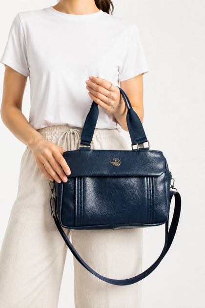 5-Compartment Navy Blue Multi-Compartment Women's Hand and Shoulder Bag — Crossbody Design with Column Strap for Daily Organizer Use