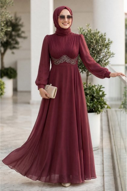 Beaded Detailed Burgundy Hijab Evening Dress 6295Br