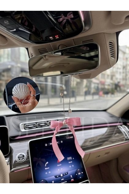 Automobile Rearview Mirror Ornament Pearl Ribbon and Pearls Auto Ornament Bow Rearview Ornament Silver Color Chain with Oyster Box