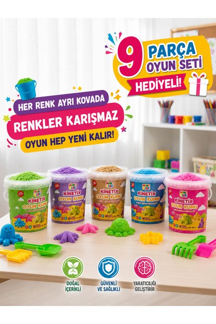 Doğal Kinetik Oyun Kumu 2,5 KG (5×500 GR Ayrı Kova) – 9 Parça Oyun Seti Hediyeli