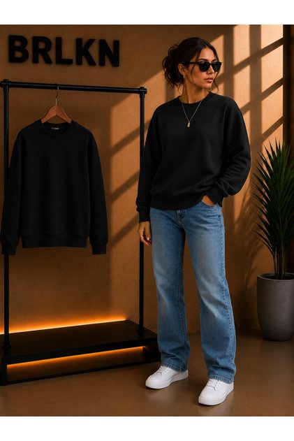 Black Crew Neck Basic Sweatshirt Fm4477
