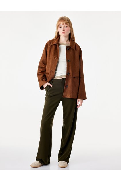Straight-Leg Buttoned Crepe Scuba Fabric Trousers with Pockets