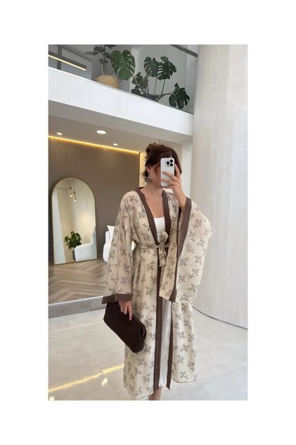 Taş Keten Nakışlı Kuşaklı Uzun Kimono - 5097