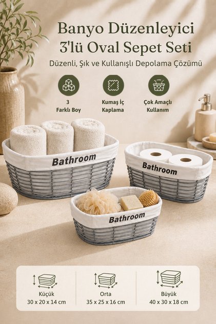 3-Piece Oval Bathroom Organizer Basket Set – Multi-Purpose Organizer with Fabric Interior Coating | Decorative Kitchen & Bathroom Basket
