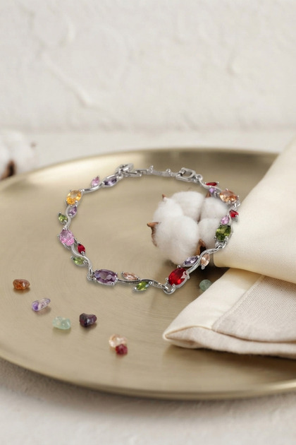 Brass Silver Color Mix Color Zircon Stone Flower Model Women's Bracelet