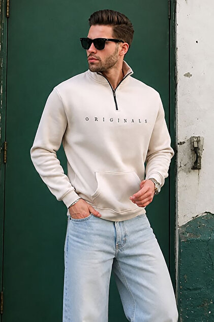 Beiges Sweatshirt mit besticktem Reißverschlusskragen 6028