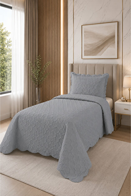 Honey Comb 3D Single Bedspread Set - 2 Pieces - 180X240 cm - with Pvc Bag - Gray