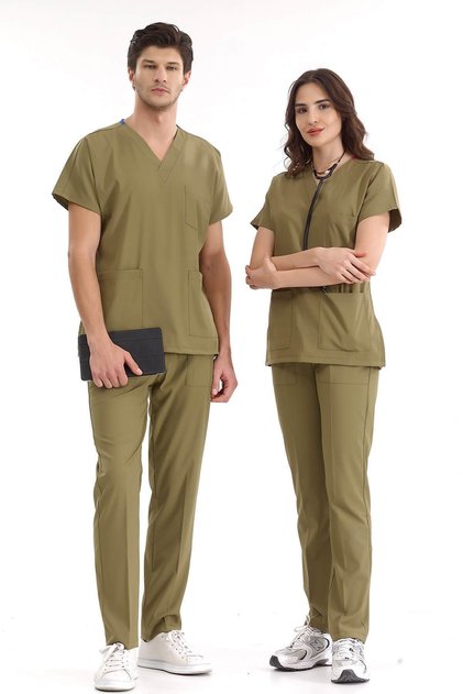 Haki Lüks Likralı Greys Alt Üst Takım Doktor Hemşire Üniforma