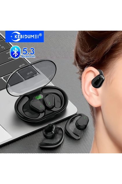 kebidumei Black Bluetooth 5.3 Headphones Ear Hook Earphones Wireless Earphones HiFi Stereo Waterproo