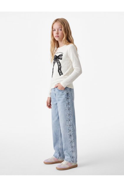 Cotton Long Sleeve Crew Neck Bow Printed T-Shirt