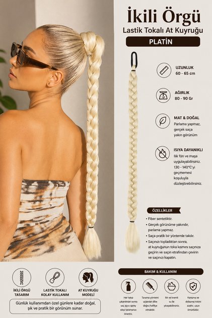 İkili Örgü Lastik Tokalı At Kuyruğu - Platin