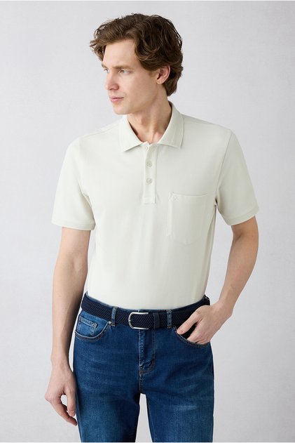 Non-Curling Polo Collar Regular Fit Cotton T-Shirt with Pockets and Ribbed Detail