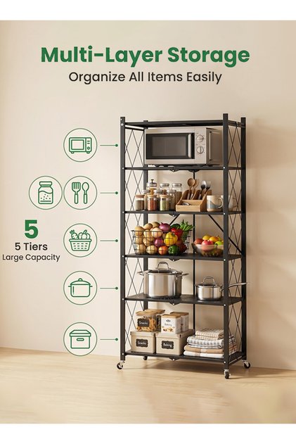 5-layer black non-installation-required thick kitchen multi-layer folding floor-standing home storage shelf