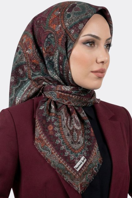 Kadın Bordo Mint Etnik Desenli Flamlı Eşarp
