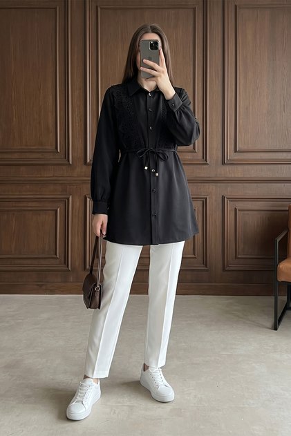 Lace-Up Front Lace Detailed Poplin Black Tunic - Black