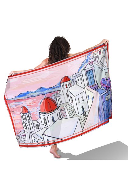 Santorini Dreams Red Patterned Non-See-Through Satin Pareo