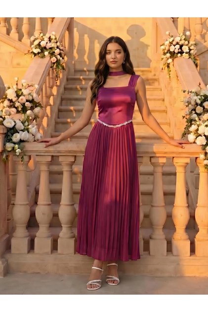 Magenta Embellished Maxi Dress with Scarf Detail