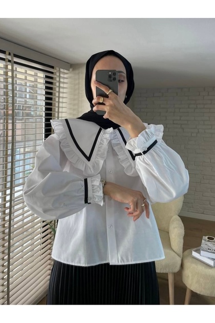 Kadın Siyah Beyaz Şeritli Fırfır Detaylı Denizci Bebe Yaka Poplin Gömlek - Modest Şıklık
