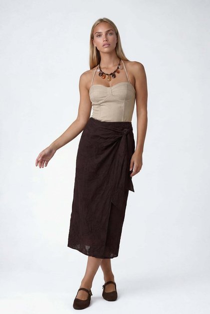Brown Wrap Cut Lined Linen Skirt with Embroidery Detail Alc-X15510