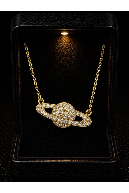 Premium Art Gallery Satürn Kolye – Taşlı Gezegen Kolye Kadın – Altın Kaplama – Işıklı Hediye Kutulu