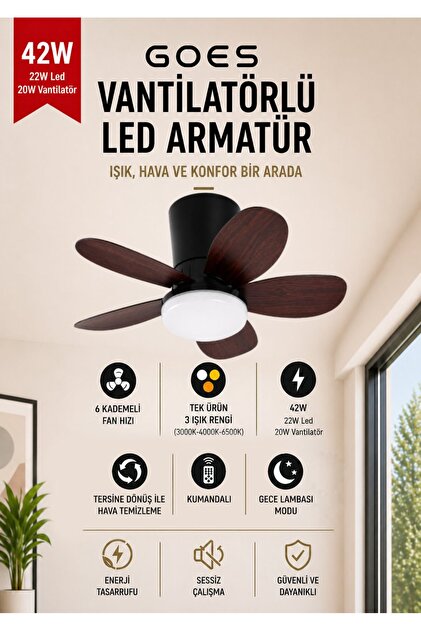 42W Tavan Vantilatörü LED Avize Armatür 64cm 5 Kanat 6 Kademeli Fan Terse Dönüş Ve Gece Lambası Modu Uzaktan Kumandalı
