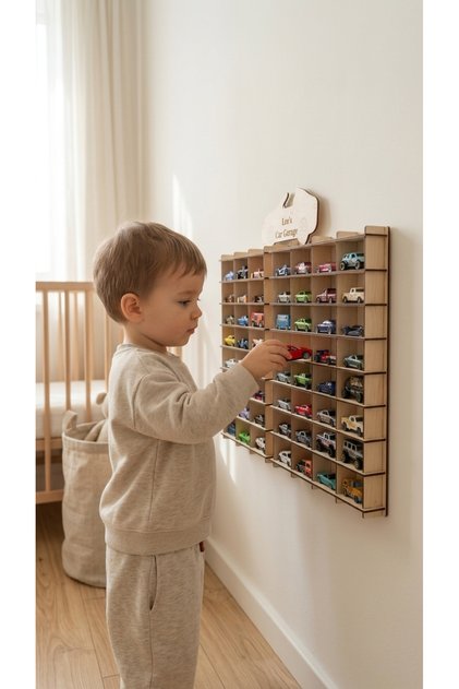 Kişiye Özel İsimlikli 100 Araç Kapasiteli İsimli Araba Rafı - Dekoratif Çocuk Odası Oyuncak Organizer (HOTWHEELS VE MATCBOX ARABALARI IÇİN UYGUNDUR)