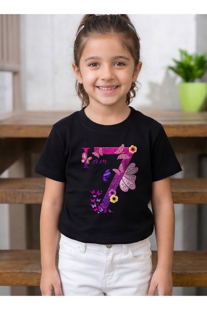 Birthday Girl, 7th Year Butterfly Birthday Graphic Print T-Shirt
