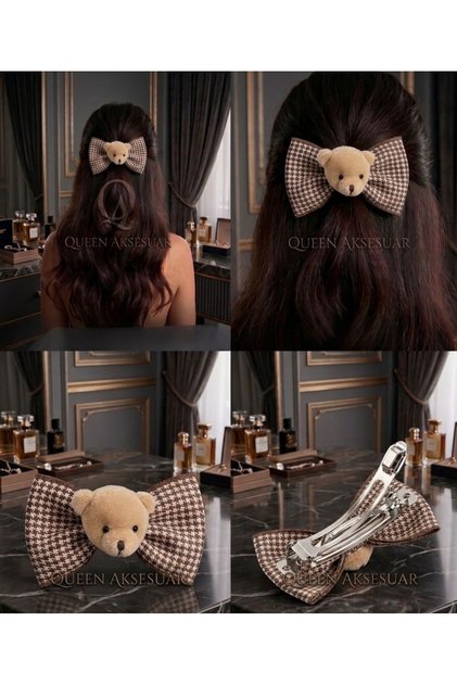 Luxury Plush Teddy Bear Toy Brown and White Houndstooth Pattern Fabric Bow Automatic Clip-On Buckle