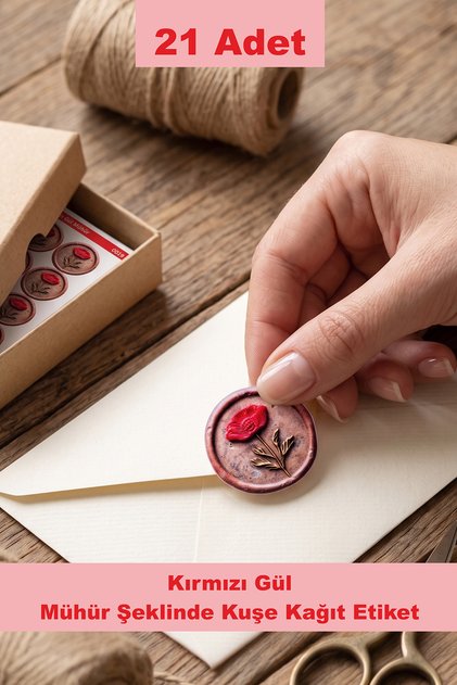 21 Adet Kırmızı Gül Motifli Mühür Şeklinde Kuşe Kağıt Etiket - Zarf ve Davetiye Sticker, Hediye Paketi ve Zarf Kapatıcı