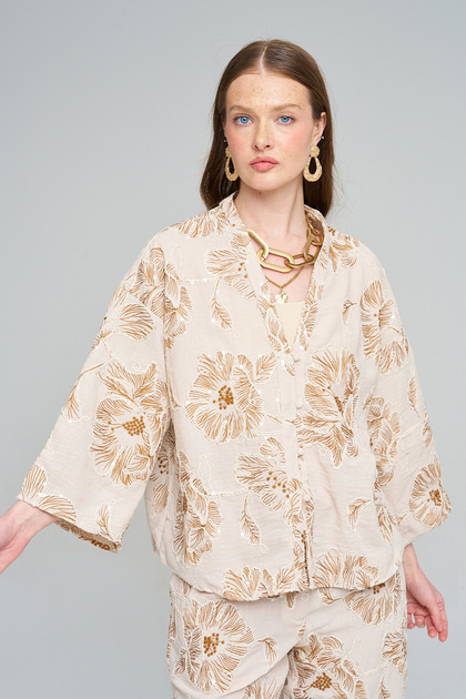 Women's Large Floral Embroidery Sequin Embroidered Short Shirt