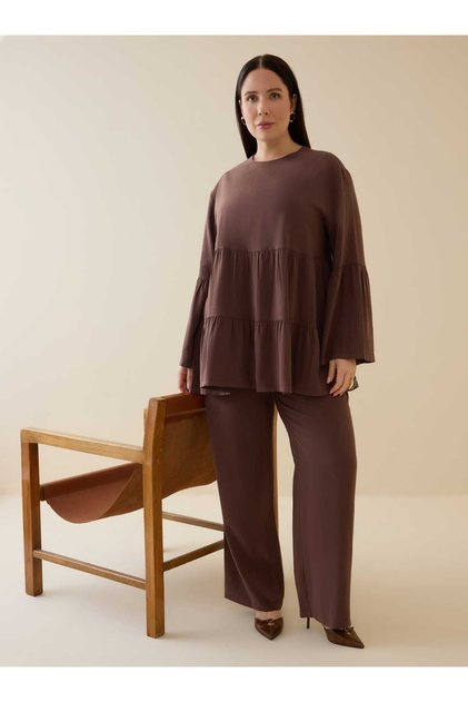 Modal Fabric Flywheel Detailed Plus Size Suit - Brown -