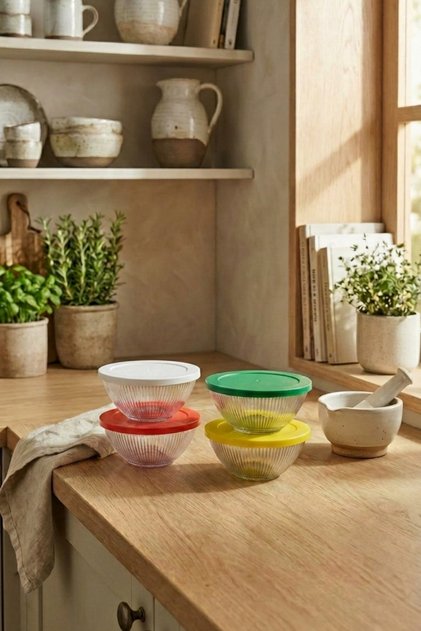 Set of 4 Line Patterned Glass Storage Containers with Colorful Lids 415 ml
