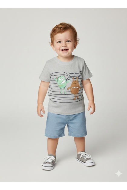 Baby Boy 2-Piece Set Striped T-Shirt with Monster Figure and Denim Shorts Combination