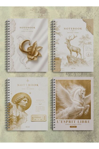 A5 Spiralli Okul Defteri 60 Yaprak 4’lü Set Beyaz Temalı Çizgisiz Defter , Notebook
