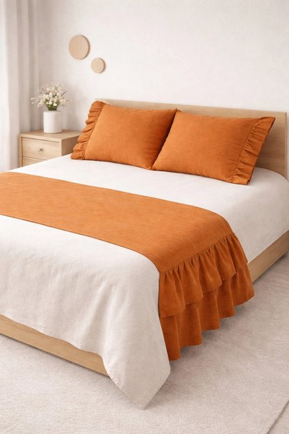 Double Ruffled Linen Bed Runner and Pillowcase Set - Cinnamon