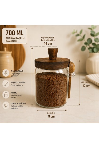 2 Pieces Acacia Lid Glass Jars with Spoons 700 ml Spice Coffee Sugar Storage Jar 12X9 cm