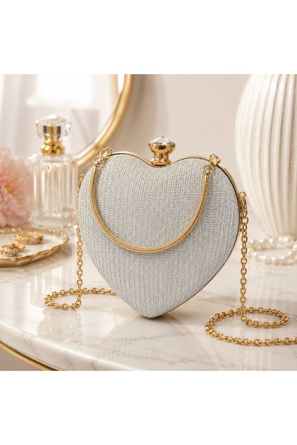 Geanta Clutch Eleganta in Forma de Inima, cu Strasuri si Lant Auriu, pentru Ocazii Speciale