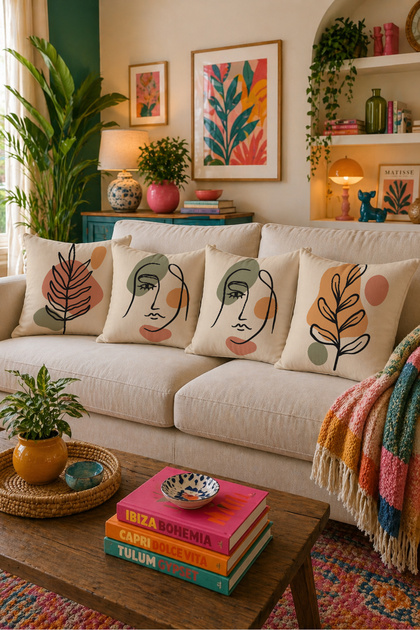 Abstract Drawing Beige Background Premium Set of 4 43X43 cm Double-Sided Throw Pillow Covers