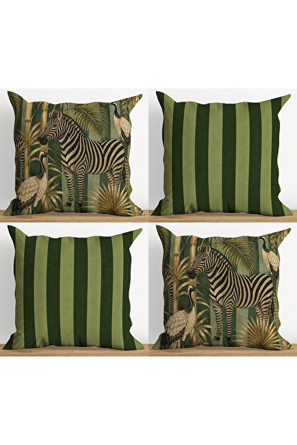 Safari Patterned Decorative Throw Pillow Cover Set of 4 Green Striped Modern Sofa Cushion (Double Sided)