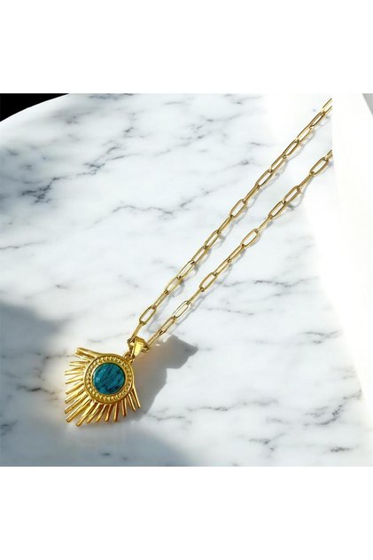 Turquoise Turquoise Stone Steel Necklace Gold Color Modern Design