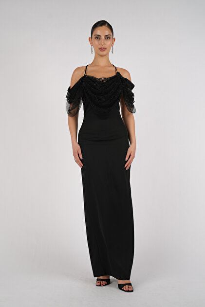Opera Fashion Black Crepe Evening Dress with Swarovski Crystals- Trendyol