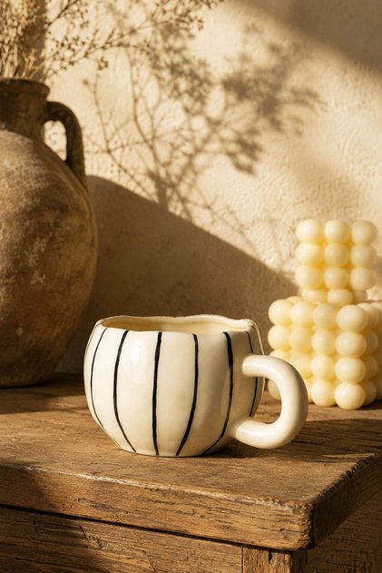Ceramic Striped Coffee Cup Handmade Design Modern Latte and Coffee Cup