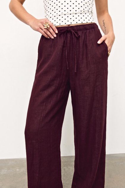 Keten Karışımlı Bol Kesim Pantolon - Koyu Bordo 2