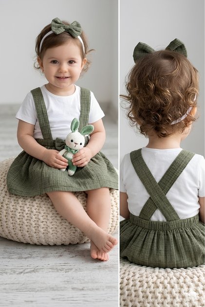Baby Girl 100% Cotton Muslin Salopet Dress with Bandana 2-Piece Set