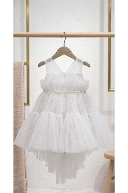 Girl's Pearl Belted, Layered Tulle Long Back Princess White Evening Dress