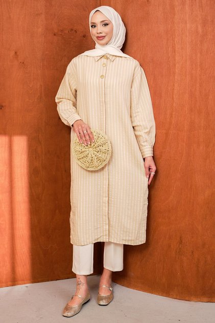 Beige Striped Slit Long Tunic